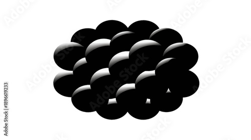 A cluster of overlapping spheres in monochrome, with grayscale shading for depth, on white background