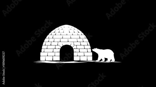 A white silhouette shows an igloo and a bear, rendered on a black background