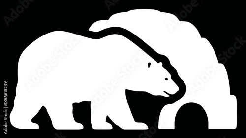 A white silhouette of a bear walking towards a cave structure on a stark black background