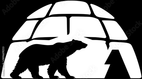 A silhouette of a polar bear walking past an igloo-like structure in a black and white graphic