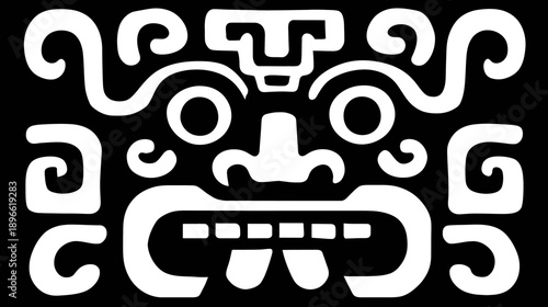 Symmetrical design with a stylized face composed of white shapes on a black background
