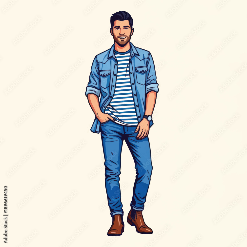 Fototapeta premium Casual stylish man posing outdoors in denim jacket and jeans with striped shirt.