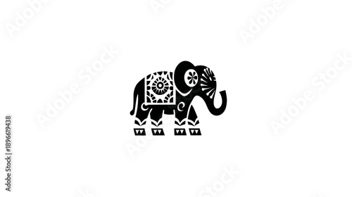 A monochrome illustration of a decorative elephant with intricate designs