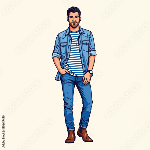 Casual stylish man posing outdoors in denim jacket and jeans with striped shirt.