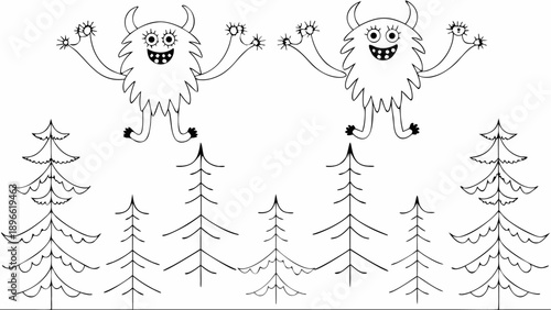 Whimsical cartoon monsters play among pine trees