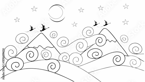 Witches flying on broomsticks over magical mountains at night