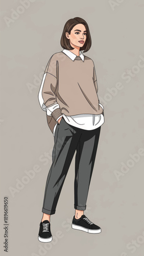 Casual Streetwear Illustration of a Young Person in Neutral Tones.