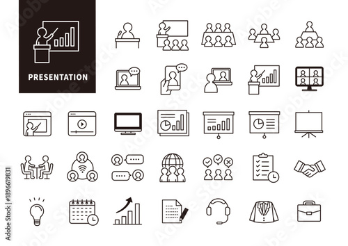 会議や発表の流れを整理して表現したビジネス用プレゼンテーションアイコンセット（モノクロ）