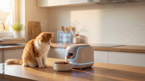 Home robot feeding fluffy cat with AI pet care concept