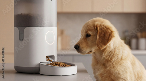 Smart automatic pet feeder with cute puppy in modern home