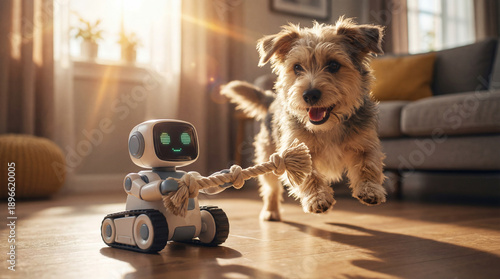 Small home robot toy playing with happy fluffy dog