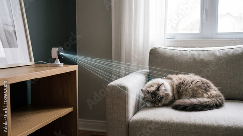 AI pet monitoring camera watching sleeping cat at home