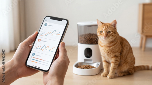 Smartphone app controlling AI pet feeder with cat in background