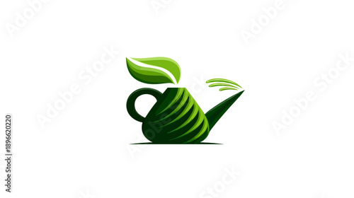 Stylized green watering can with a leaf and streams of water emerging from the spout