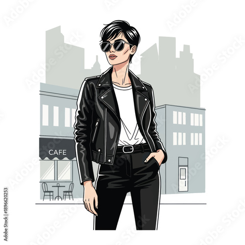 Stylish urban woman wearing a black leather jacket posing with sunglasses in a cityscape illustration.