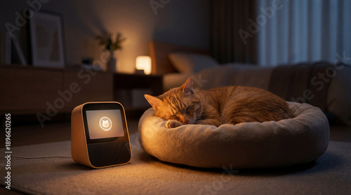 Nighttime AI pet care device glowing beside sleeping pet