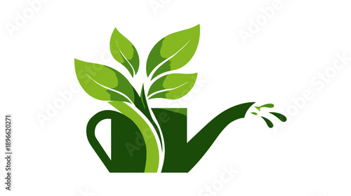 A gardening illustration with a watering can and growing leaves of a plant on a white background