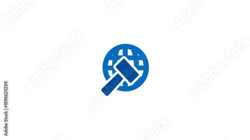 A blue hammer partially overlaying a blue globe with white background