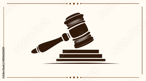 A gavel, used in a court of law, rests atop a tiered platform within a framed border