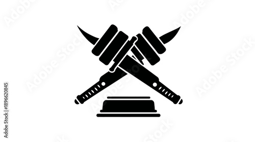 A monochrome illustration of crossed weapons above a pedestal. Abstract concept