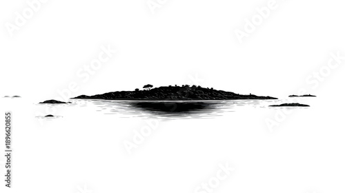 A monochrome illustration of an island with trees and rocks reflected in the tranquil water