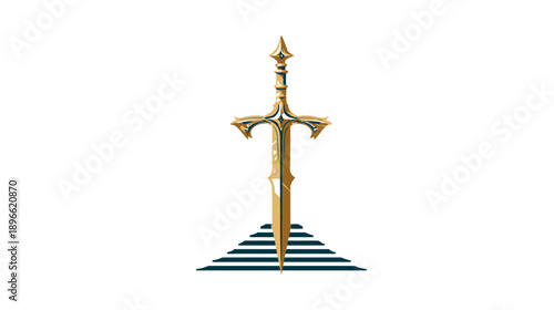 A regal sword design with an intricate golden blade and detailed handle atop a geometric base
