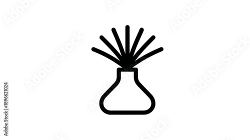 A simple, black line drawing of a vase with a stylized plant with radiating leaves