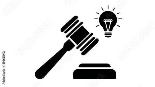 A black silhouette of a gavel, its base, and a lightbulb radiating light