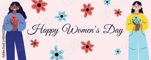 International Womens Day greeting banner with happy interracial women holding flowers 8 March illustration