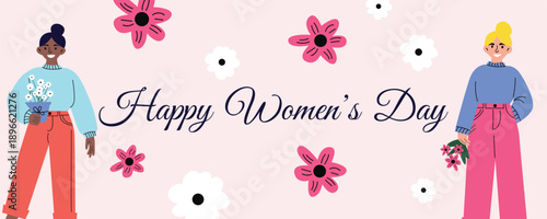 International Womens Day greeting banner with happy multiracial women holding flowers 8 March illustration