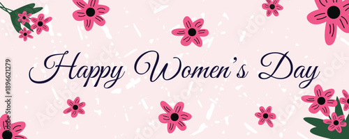 International Womens Day greeting banner with pink flowers floral illustration 8 March celebration