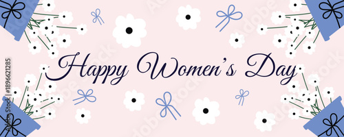International Womens Day greeting banner with flower pots and blooming flowers 8 March illustration