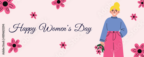 International Womens Day greeting banner with happy woman holding pink flowers 8 March illustration