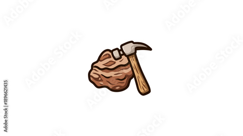 Illustration depicts a rock and a hammer, a graphic representing the tools of a geologist