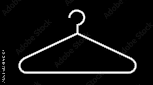 A minimalist depiction of a simple white wire clothes hanger on a black background