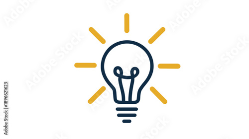 A dark blue lightbulb icon with yellow light rays on a white background