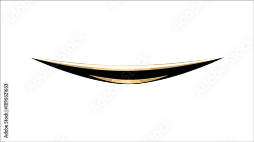 A smiling, abstract form in black, white, and gold, resembling an open mouth or a smile