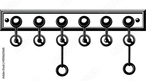 Graphic depiction of a wall-mounted key holder with six key-shaped hanging attachments