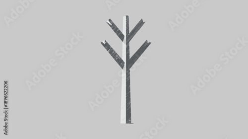 A stark, minimalist tree graphic with a distressed texture, set against a neutral, grey background