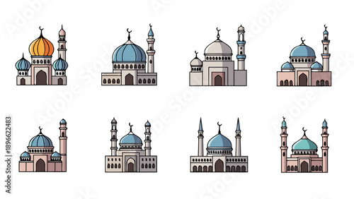 Collection of beautiful and diverse mosque illustrations in various architectural styles