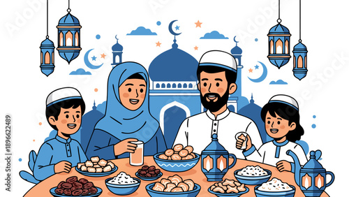 Ramadan family gathering for Iftar with delicious food spread 