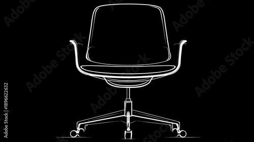 A white outlined drawing of a modern office chair with arms and wheels