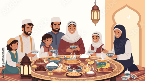 Muslim family enjoying a traditional Iftar meal together during Ramadan celebration