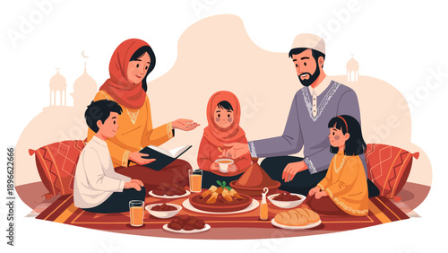 Muslim family enjoying a traditional meal together, celebrating Islamic culture and togetherness