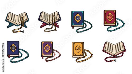 Collection of Islamic holy books and prayer beads, representing religious devotion