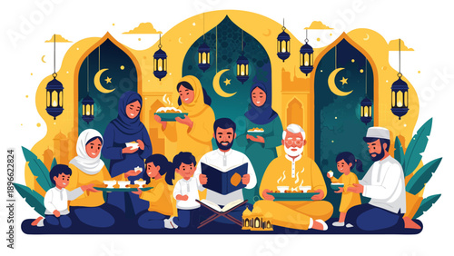 Generational Muslim family celebrating together with food and prayer during Ramadan