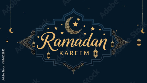 Ramadan Kareem greeting with crescent moon and lanterns on a dark blue background
