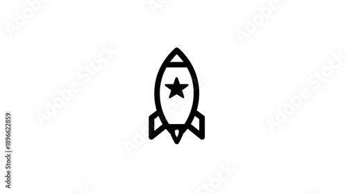 A simple black rocket ship icon with a star on a white background, minimal and clean