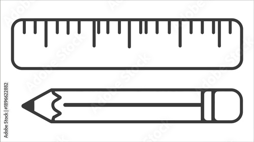 A ruler and pencil, outlined in black on a white background, representing school supplies