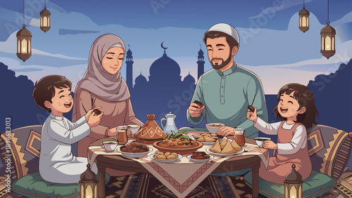 Muslim family enjoying Iftar meal together at dusk with mosque silhouette in background